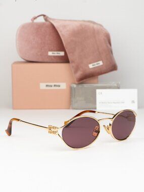 Miu Miu Women Sunglasses LOGO Gold Violet Oval MU52YS 5AK20Y NEW AUTHENTIC